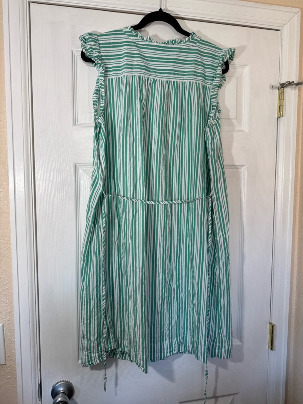 LOFT Green and White Striped Ruffle-Shoulder Shirt Dress - Picture 3 of 6